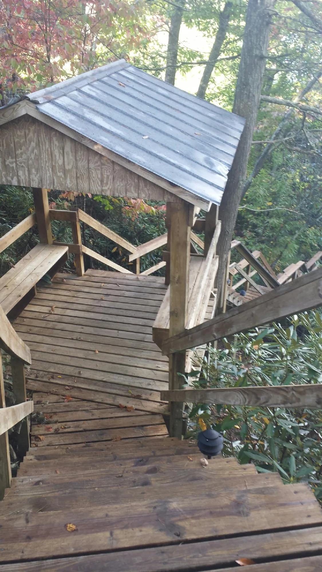 Metal roofed shelter over wooden steps on a wooded walkway — Skylight Repair & Installation work by our crew in Sangerfield